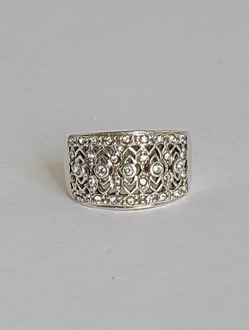 Elegant Sterling Silver CZ Rhinestone Crystal Filigree Chunky Wide Band Ring 6 - Picture 2 of 15